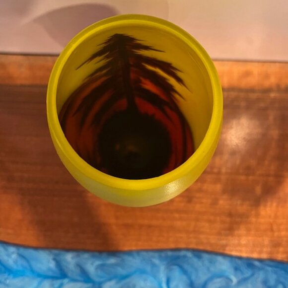 Yellow Cameo Glass Vase with Mountain Scene and Trees - Picture 8 of 9